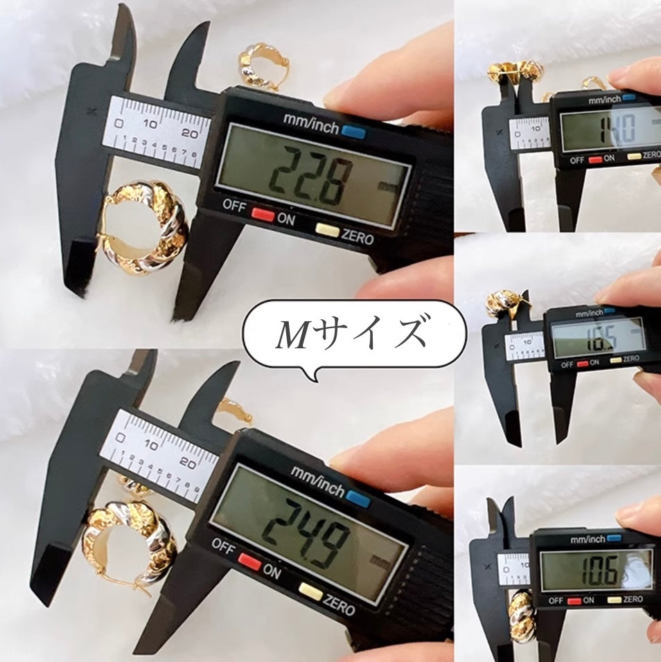 K18YG WG ツイスト ピアス ボリューム 太め 中空ピアス イエローゴールド ホワイトゴールド ねじり ラウンド 丸 円形 ツインカラー ダブルカラー 2色