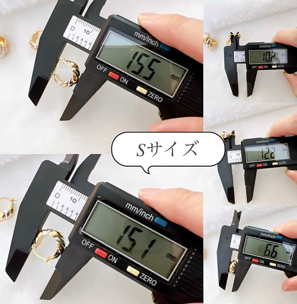 K18YG WG ツイスト ピアス ボリューム 太め 中空ピアス イエローゴールド ホワイトゴールド ねじり ラウンド 丸 円形 ツインカラー ダブルカラー 2色