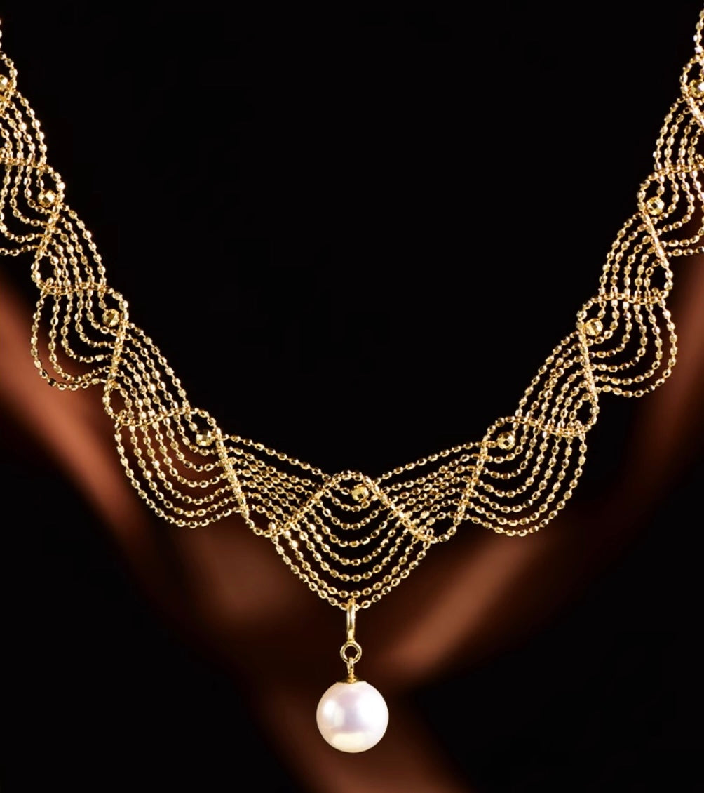 K18YG WG イエローゴールド ホワイトゴールド 18K レースネックレス フェアリーチェーン メッシュ レース YG ボールチェーン アジャスター