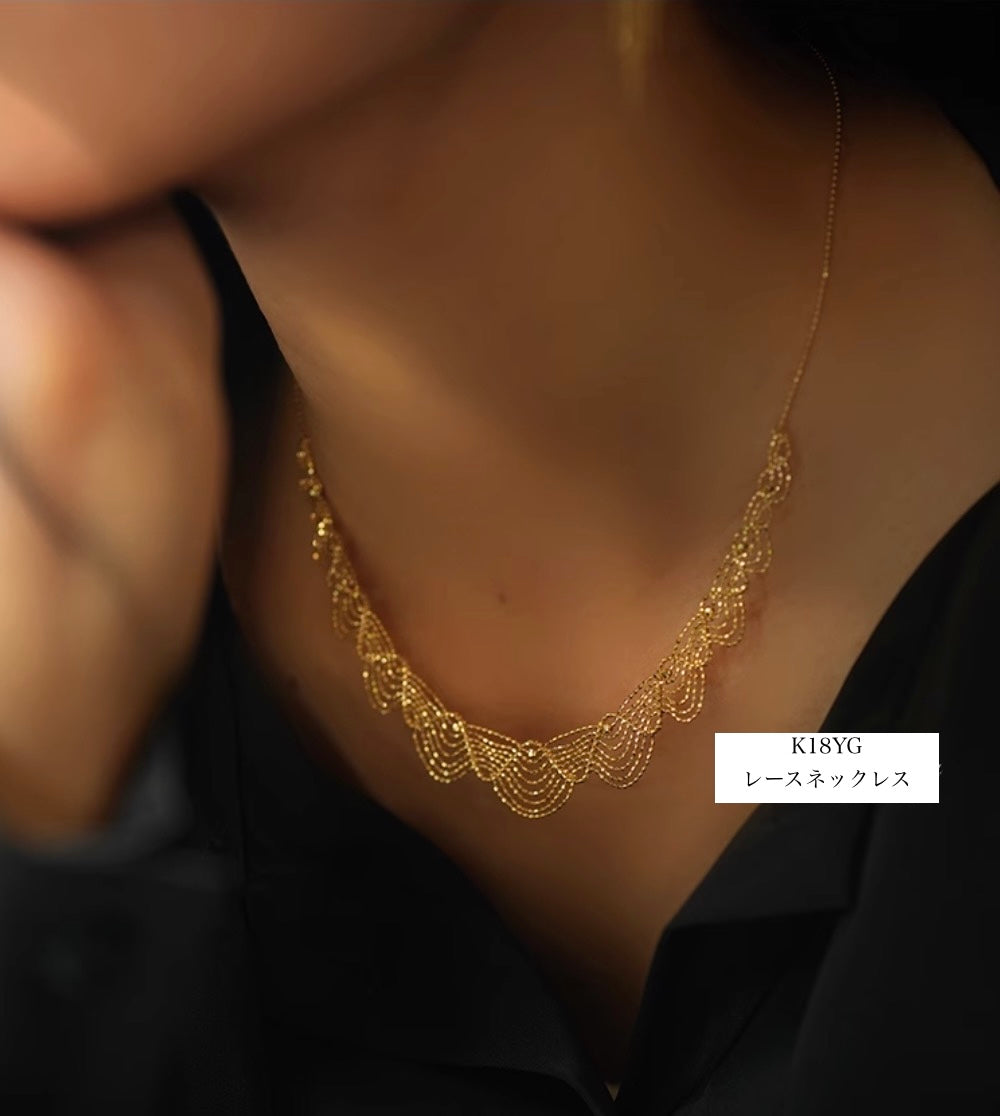 K18YG WG イエローゴールド ホワイトゴールド 18K レースネックレス フェアリーチェーン メッシュ レース YG ボールチェーン アジャスター