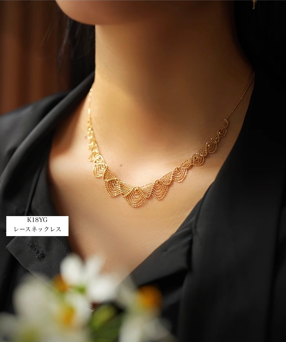 K18YG WG イエローゴールド ホワイトゴールド 18K レースネックレス フェアリーチェーン メッシュ レース YG ボールチェーン アジャスター
