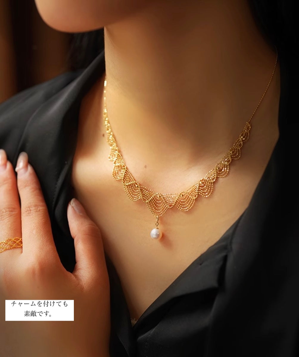 K18YG WG イエローゴールド ホワイトゴールド 18K レースネックレス フェアリーチェーン メッシュ レース YG ボールチェーン アジャスター
