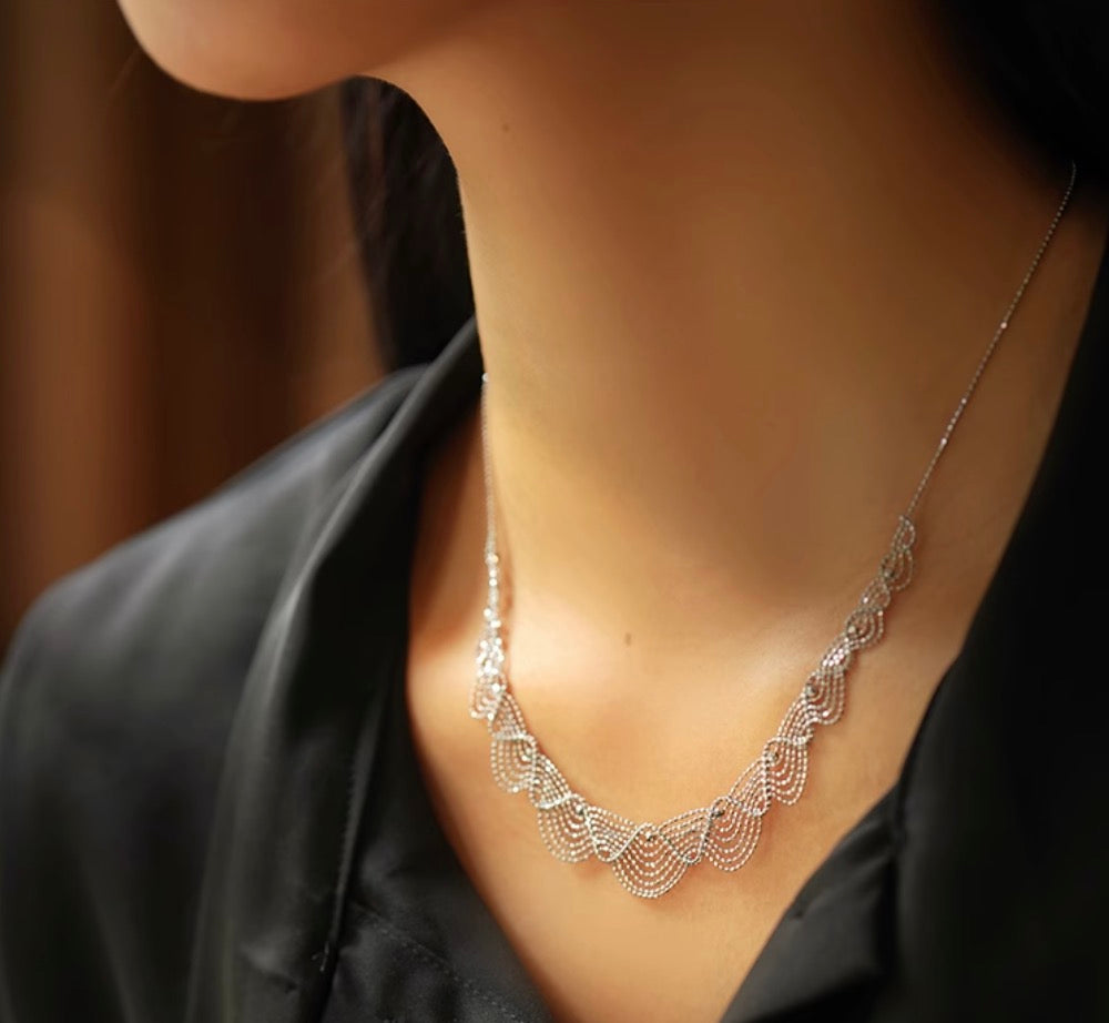K18YG WG イエローゴールド ホワイトゴールド 18K レースネックレス フェアリーチェーン メッシュ レース YG ボールチェーン アジャスター