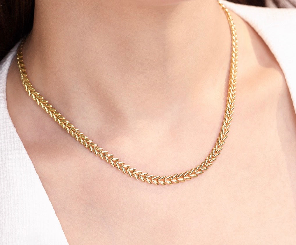K18YG イエローゴールド ネックレス リーフモチーフ 太め 太い 5mm ボリューム リーフ 麦 イタリアンジュエリー 18K YG 40+5cm