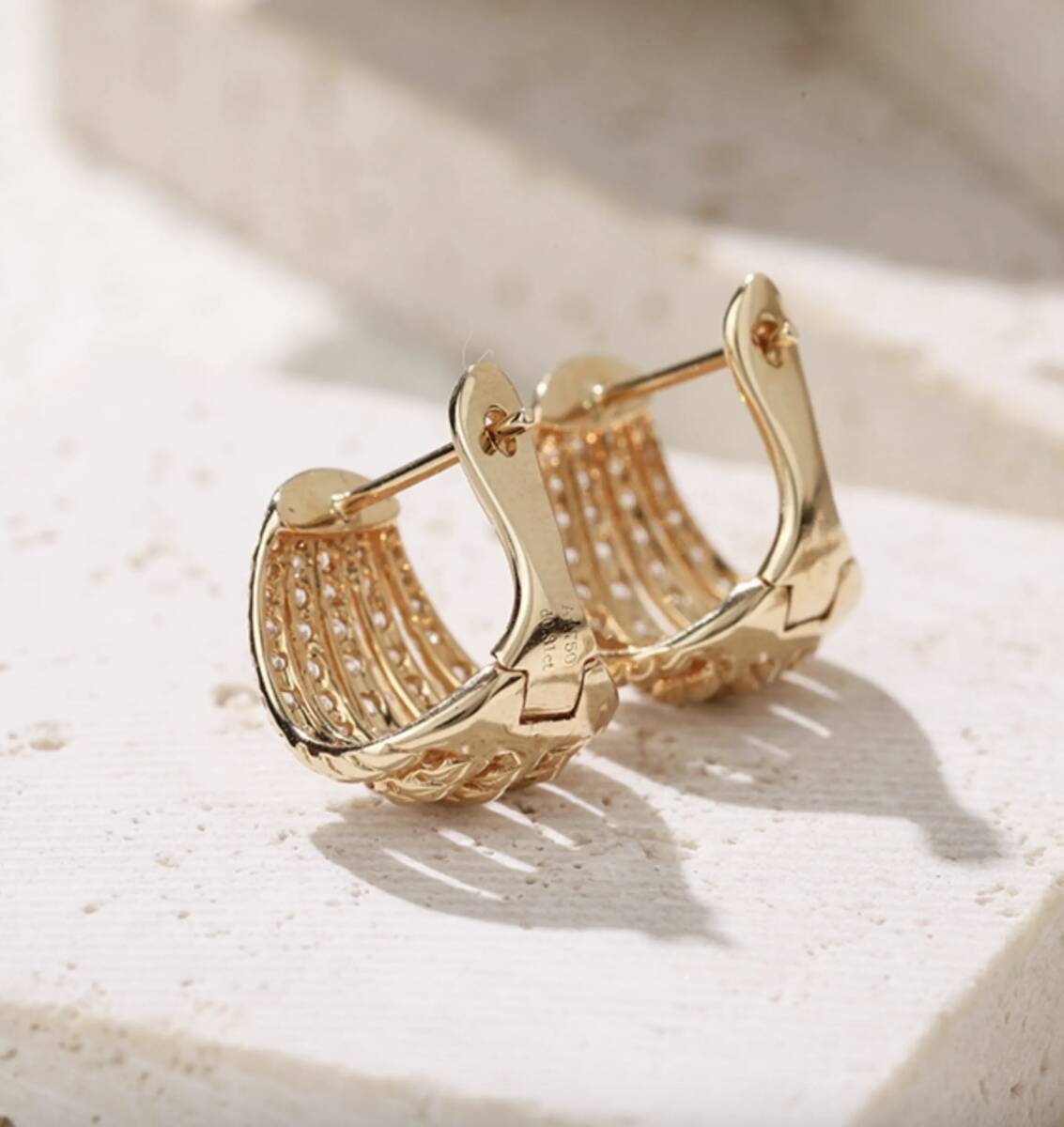 K18YG WG PG ピアス ダイヤモンド リングピアス フープピアス 扇型 シェル ストライプ ダイヤ イエローゴールド YG 18K ぷっくり ティアドロップ ハイエンド