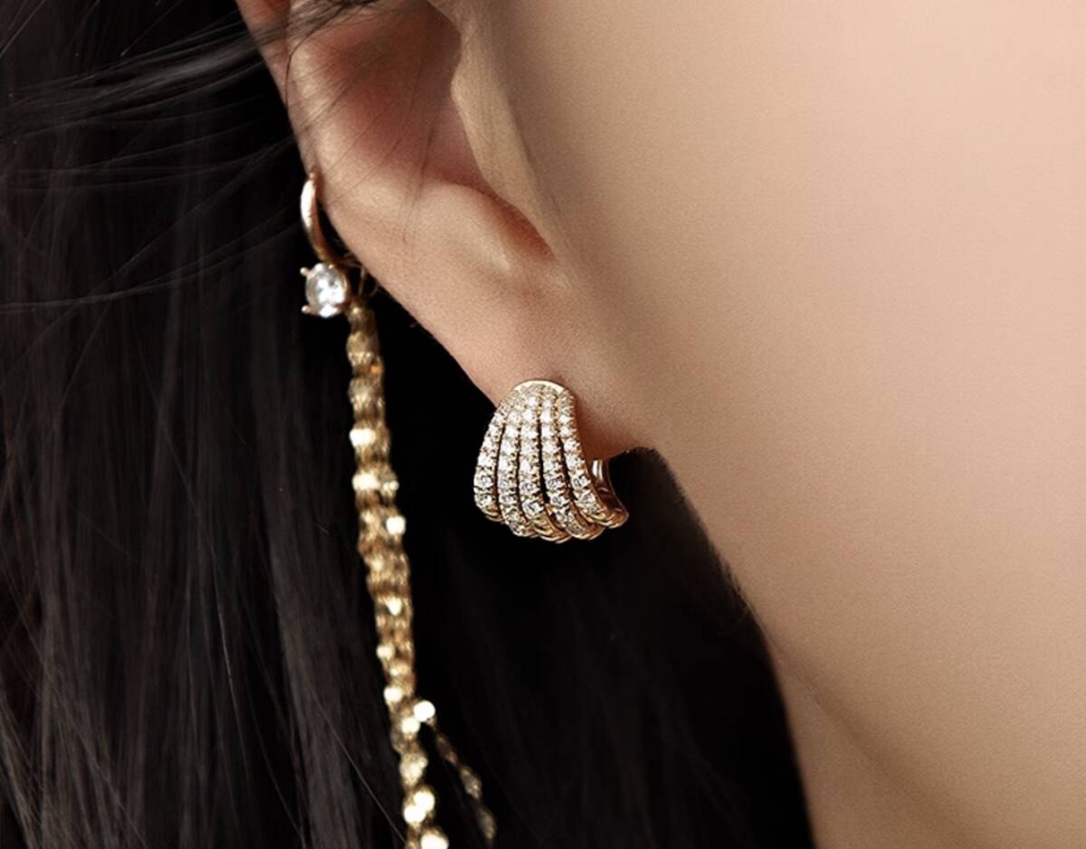 K18YG WG PG ピアス ダイヤモンド リングピアス フープピアス 扇型 シェル ストライプ ダイヤ イエローゴールド YG 18K ぷっくり ティアドロップ ハイエンド