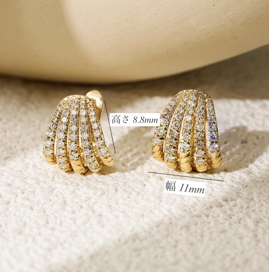 K18YG WG PG ピアス ダイヤモンド リングピアス フープピアス 扇型 シェル ストライプ ダイヤ イエローゴールド YG 18K ぷっくり ティアドロップ ハイエンド