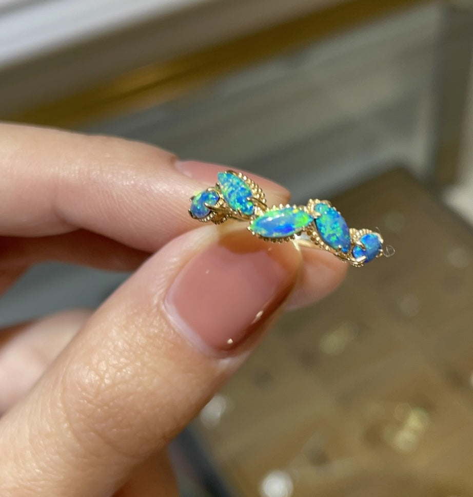 K18YG オパール 指輪 リング イエローゴールド リーフリング マーキスリング リーフ 粒 18K YG ブルー 遊光 9号 10号 11号 12号 13号 14号