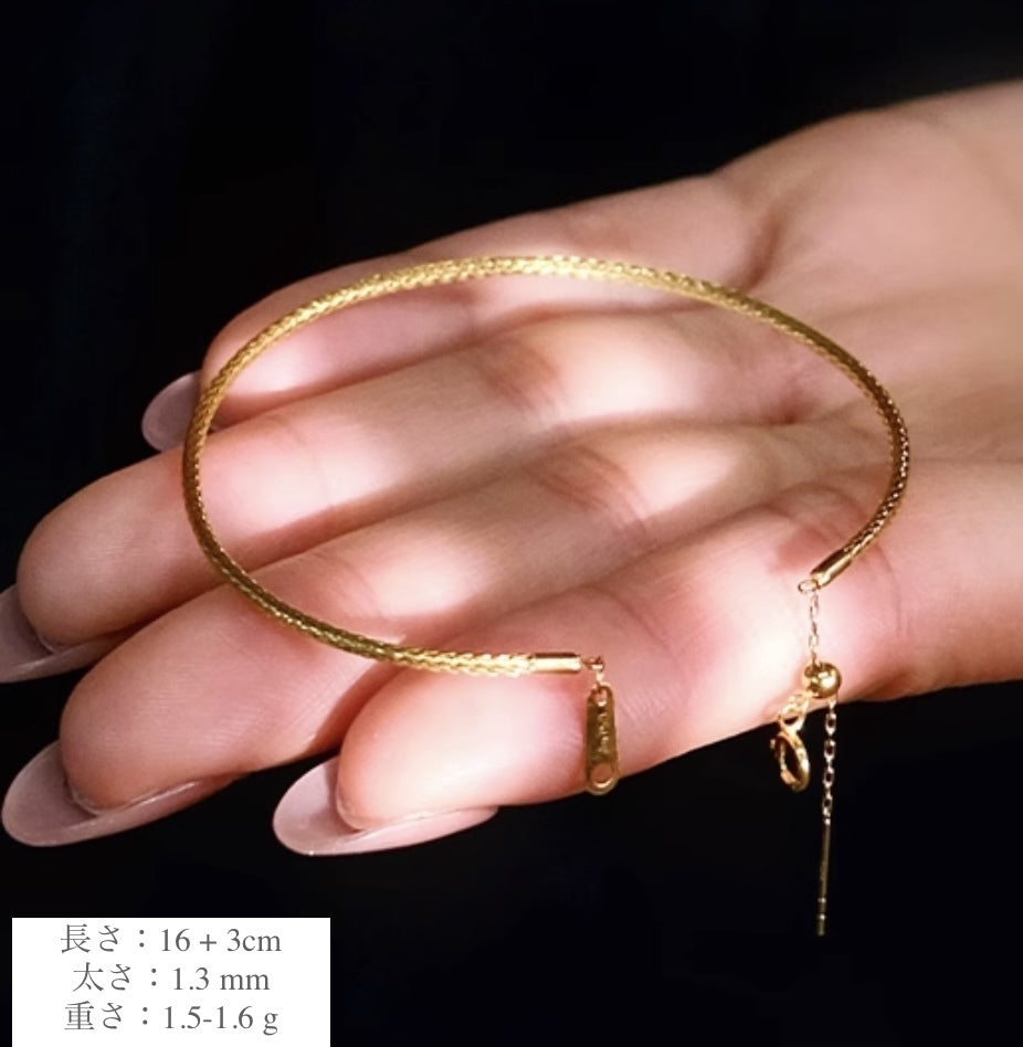 K18 ブレスレット ワイヤーブレス 針編み メンズ レディース 弾力 K18YG イエローゴールド 18K スライド式アジャスター 16+3cm バングル