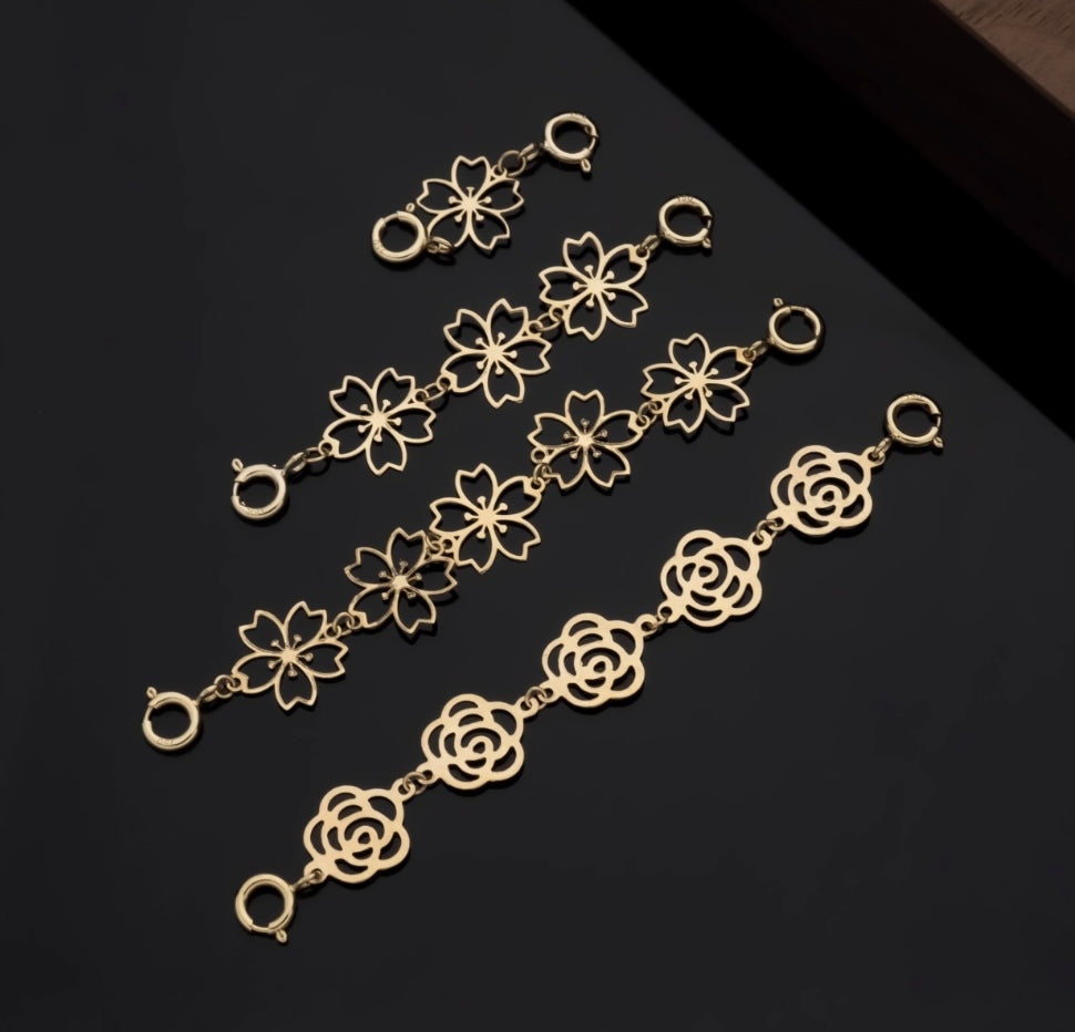 K18YG 引き輪 ヒキワ ひきわ 花 桜 梅 チェーンパーツ ネックレスパーツ YG 18K チャーム 両開口 コマ 花モチーフ 1.8cm / 3.8cm / 5.8cm 延伸 延ばす