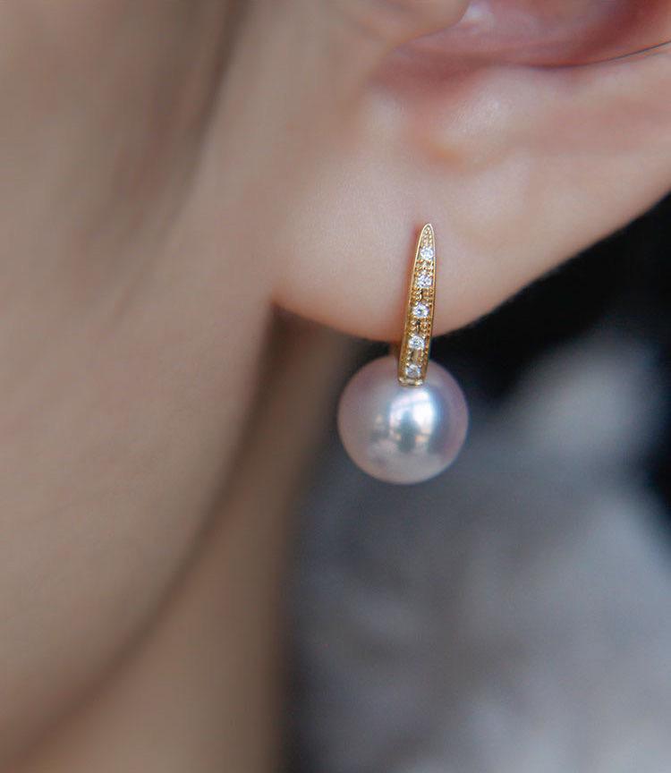 K18YG イエローゴールド あこや真珠 ピアス ダイヤモンド リングピアス アコヤ 真珠 パール ダイヤ スクエア シンプル 18K