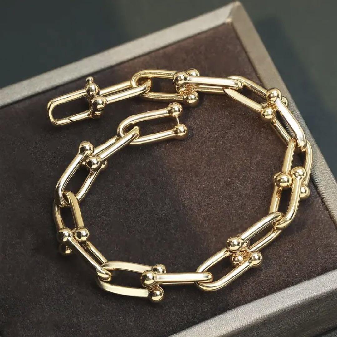 K18YG ホースモチーフ ブレスレット 馬の蹄 チェーンブレス 太め 18K ホースシュー