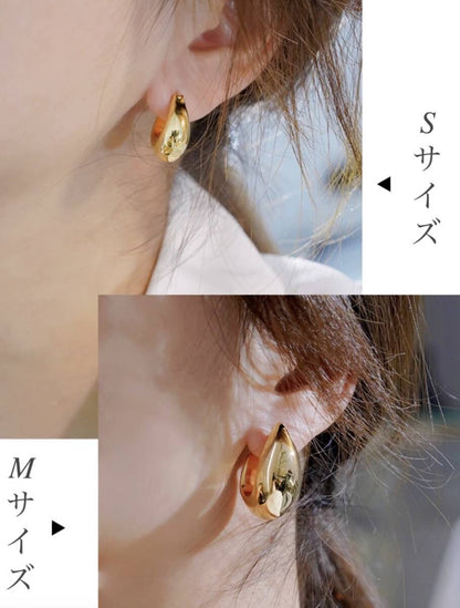 K18YG WG ティアドロップ 雫 ピアス【S/M】大きめ 大ぶり 中空ピアス イエローゴールド ぷっくり 丸い ドロップ型 涙型 18K YG リングピアス ボリューム